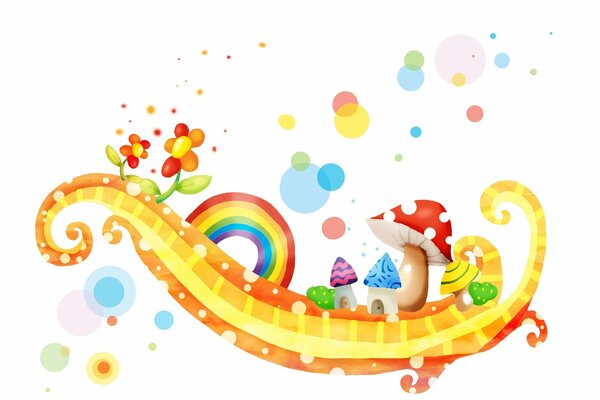 Dessin d un enfant avec un arc-en-ciel et des champignons