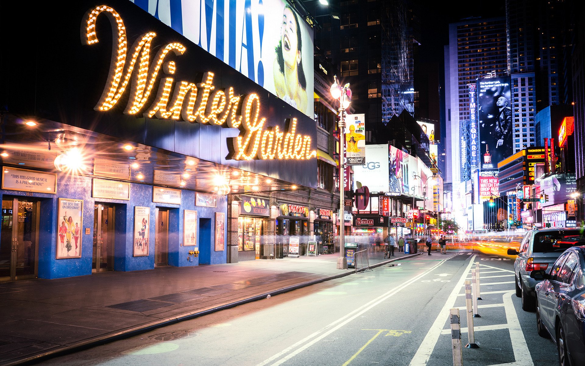 états-unis new york théâtre de jardin d hiver rue lumières signalisation gratte-ciel