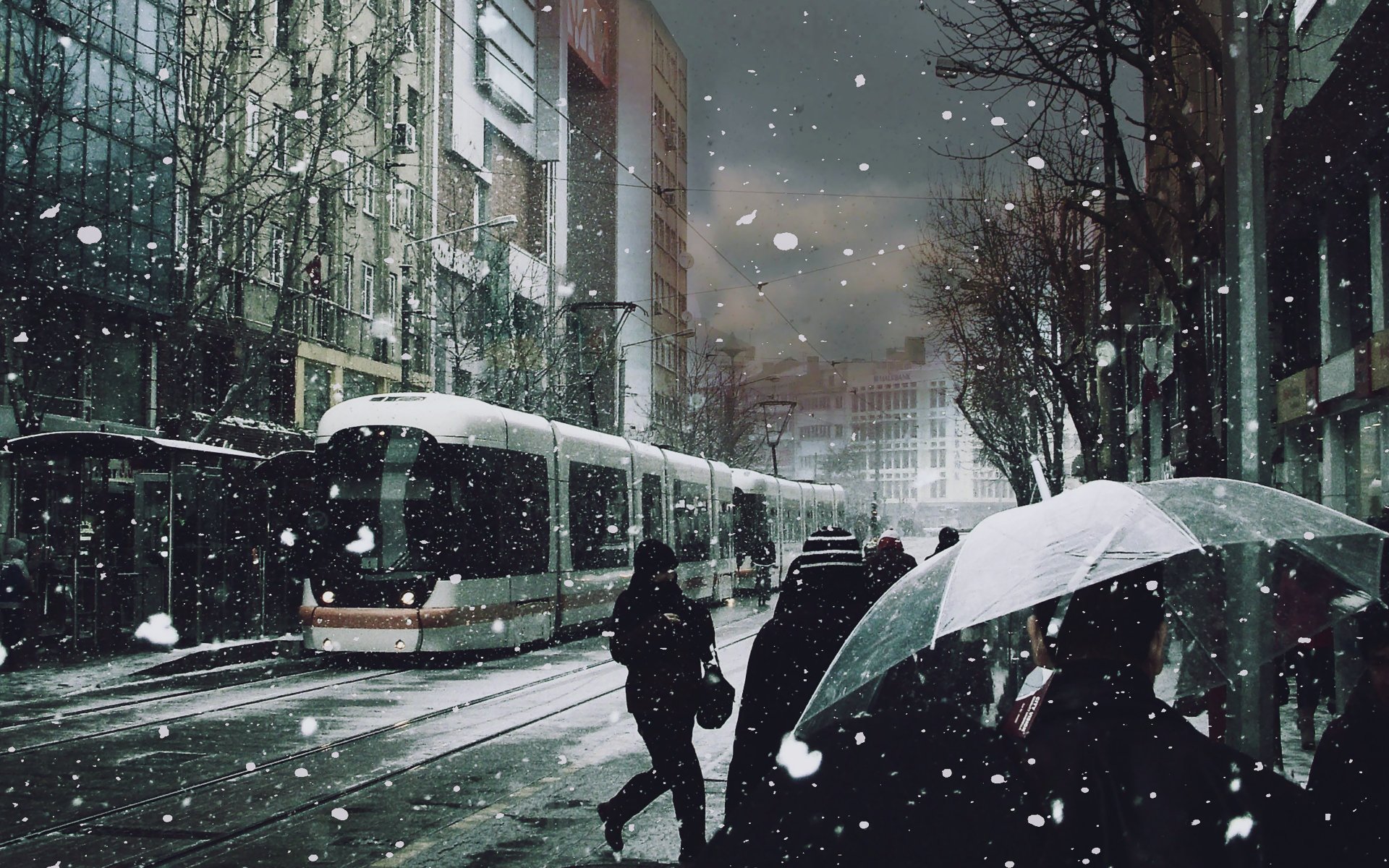 tram personnes neige parapluies