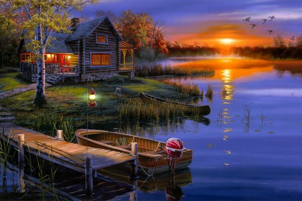 Crépuscule près de la maison du pêcheur