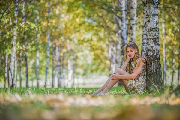 Fille en robe assise près d un arbre dans la forêt