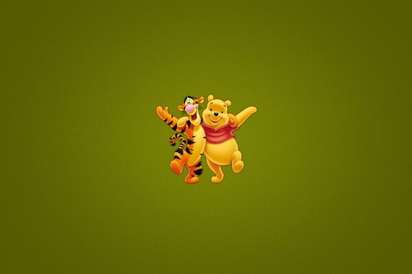 Winnie l ourson et le tigre dans une étreinte sur fond vert foncé