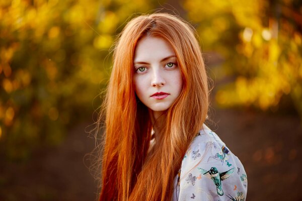 Portrait d automne d une fille Rousse avec un fond flou