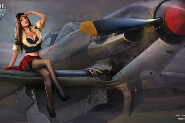 Fille en bas sur l aile de l avion world warplanes