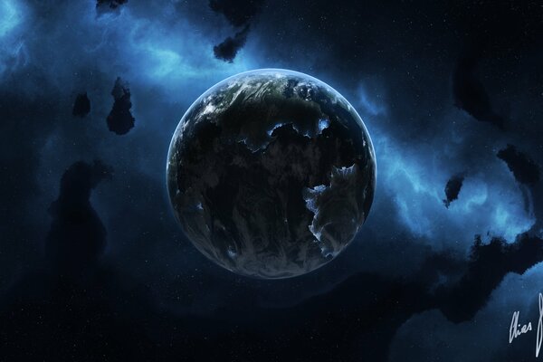 Planète solitaire dans la nébuleuse de l espace bleu