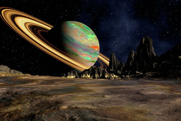 Planète colorée avec des anneaux à l horizon