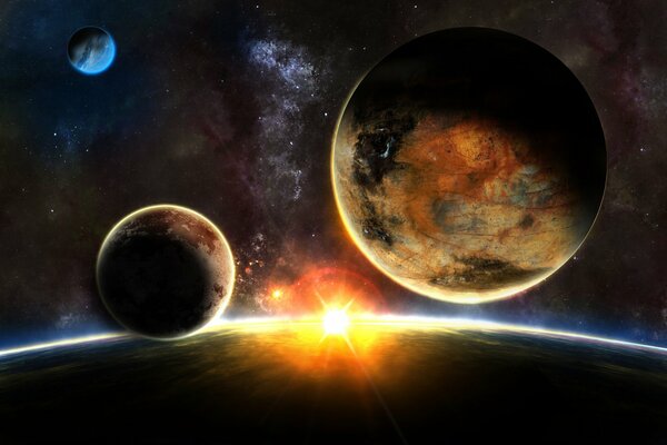 Planètes du système solaire dans le lever du soleil cosmique
