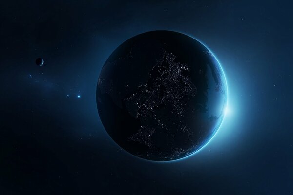 Planète avec satellite, avec des lumières de civilisation sur la surface sur fond d étoile montante