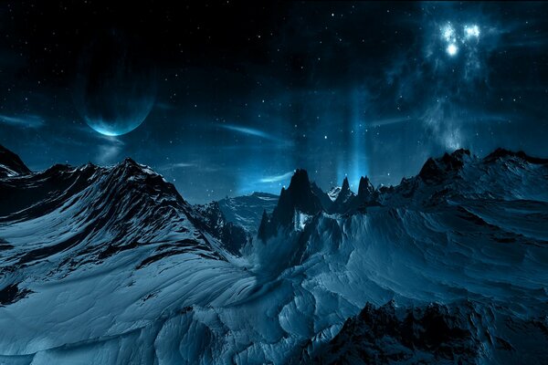 Ciel nocturne sur une planète froide et sans vie