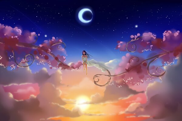 Fille sur le nuage. Image de style anime