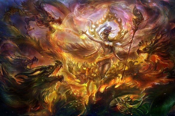 Art fille à plusieurs bras avec des dragons effectue un rite magique