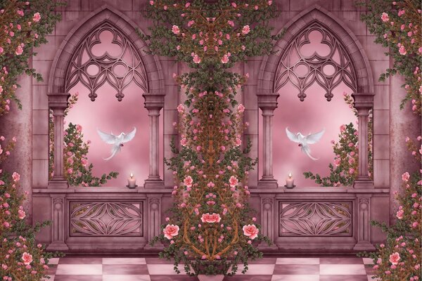 Pigeons volent dans la fenêtre dans la lumière rose