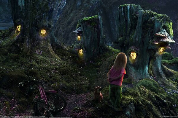 Fille dans la forêt sombre parmi les souches