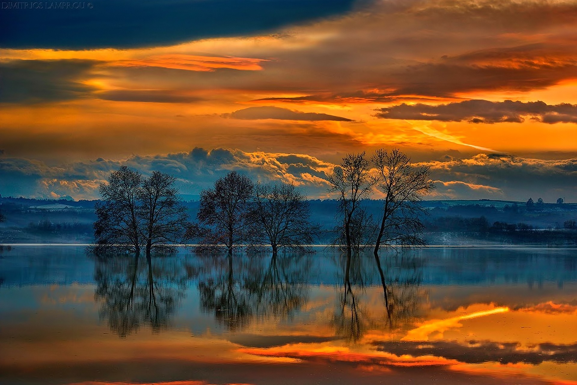 paysage coucher de soleil nuages réflexion lac arbres ciel grèce