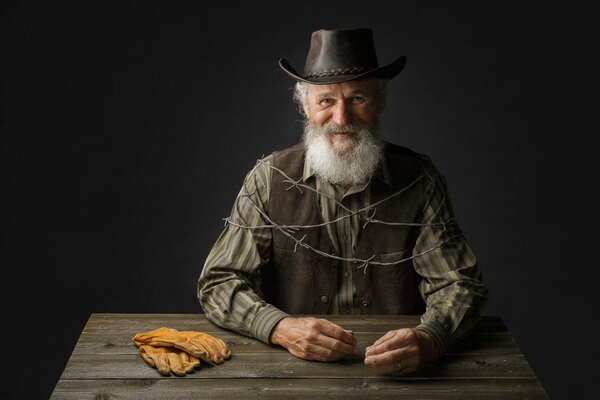 Photo de grand-père à la table en bois