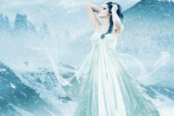 Art. Fille en robe blanche. paysage hivernal