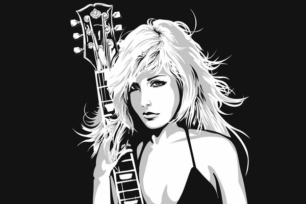 Fille blonde avec une guitare posant