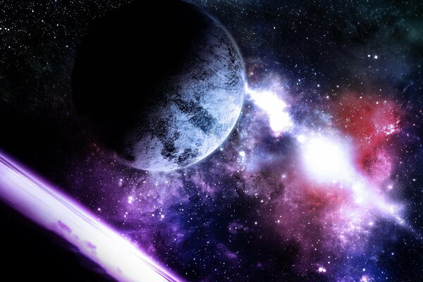 Espace avec une planète et une étoile pourpre