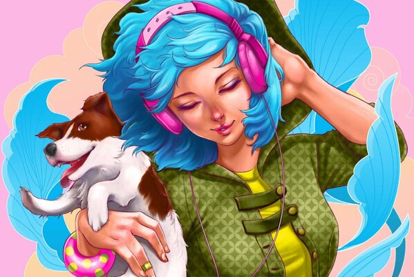 Fille avec un casque touche les cheveux. bracelet sur les mains. fille tenant un chien animal