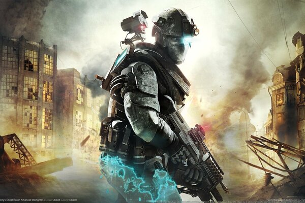 Soldat d un jeu d ordinateur sur le fond d une ville détruite