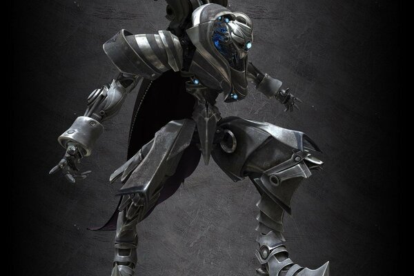 Robot métallique avec rétro-éclairage bleu sur fond gris
