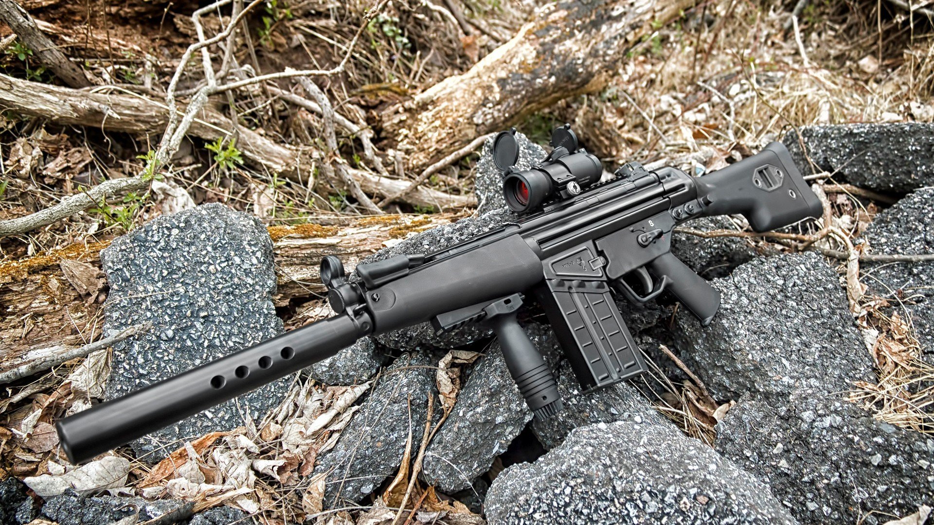 mp5 armes pierres broussailles hk 51 silencieux