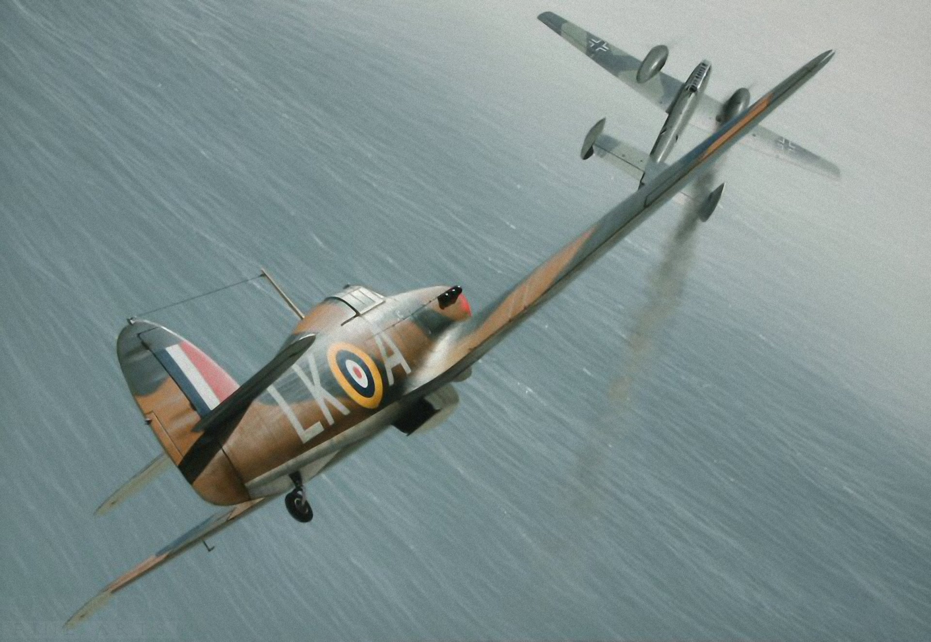 hawker hurricane bf 110 mêlée ww2 guerre bataille de grande-bretagne combat avion aviation art art peinture
