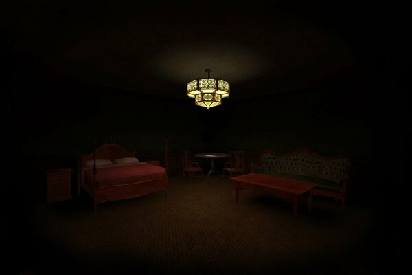 Chambre sombre avec lit et lustre