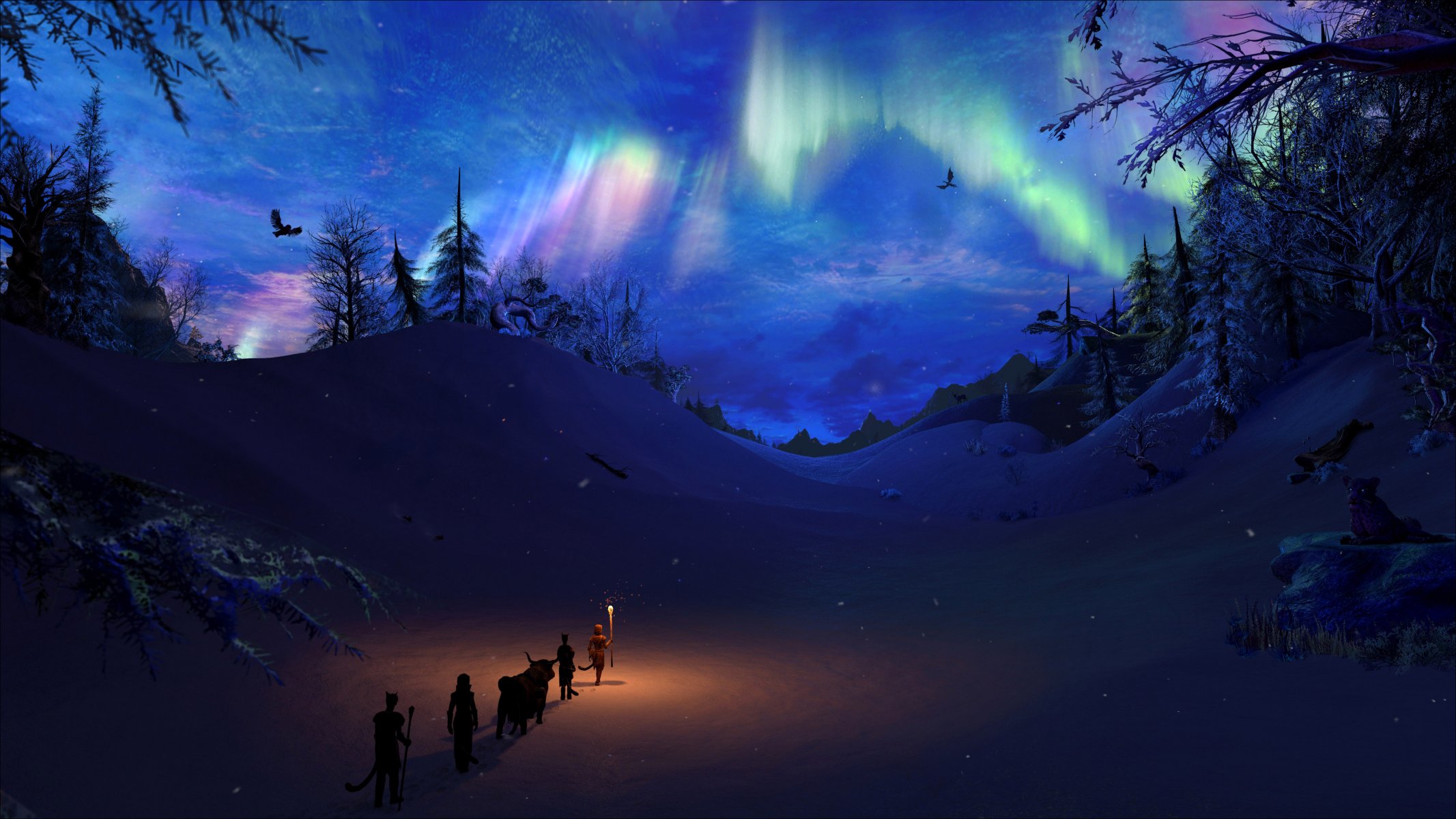 skyrim skyrim jeu art torche feu hiver neige sapins pins ciel dragons
