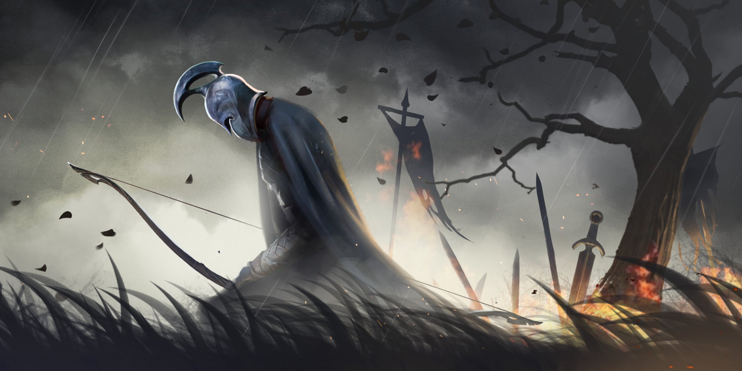 hobbit armée du troisième âge guerrier arme assis herbe bannière champ de bataille arc pluie feu arbre seigneur des anneaux