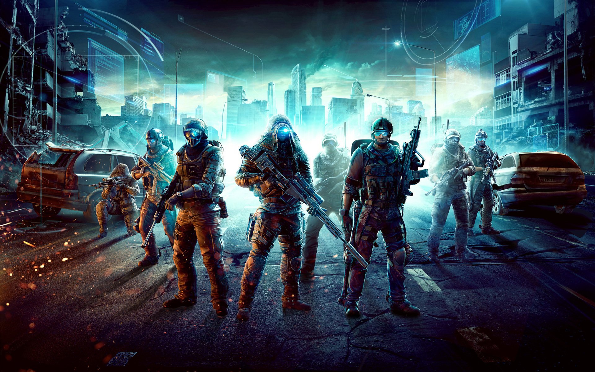 ghost recon future soldier soldats ville armes voitures ruines capot casque lumières
