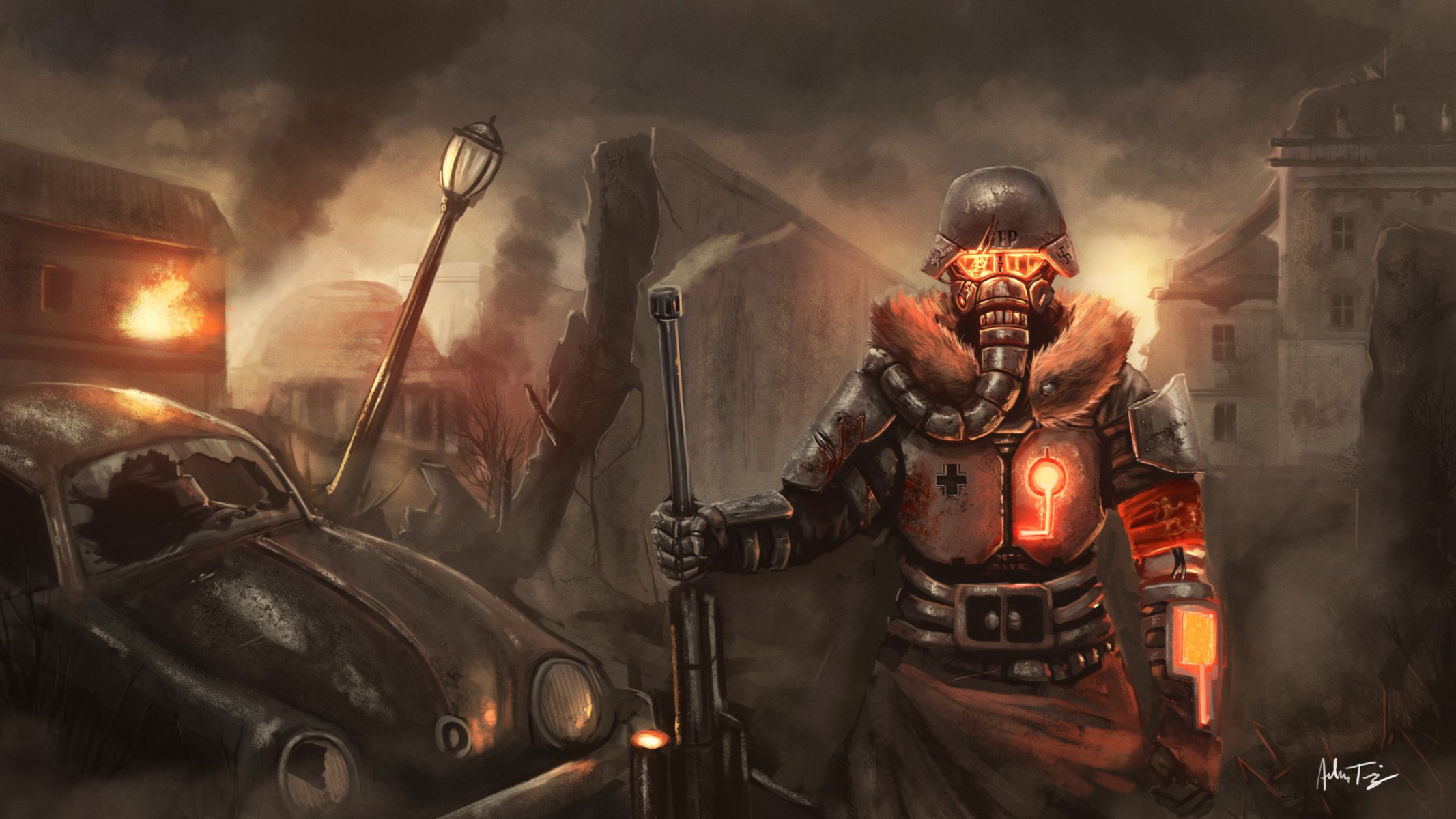 art fallout berlin soldat métal masque casque voiture ville lanterne ruines clôture feu arme fusil bandeau sang épave allemand