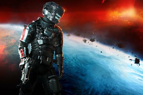 Beek en armure dans l espace avec des armes
