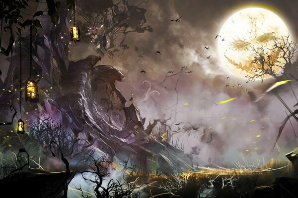 Lune avec un sourire derrière les arbres pour Halloween