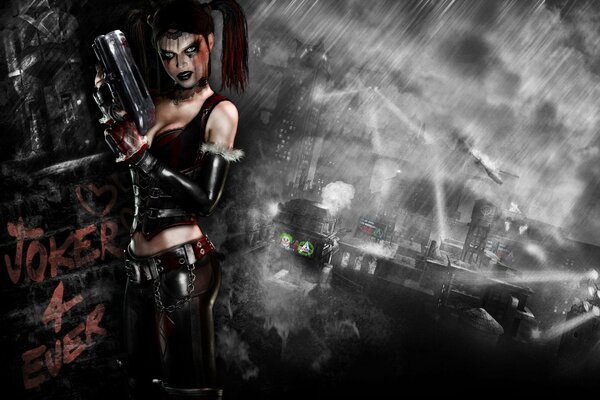 Harley Quinn dans un corset noir avec des armes à la main
