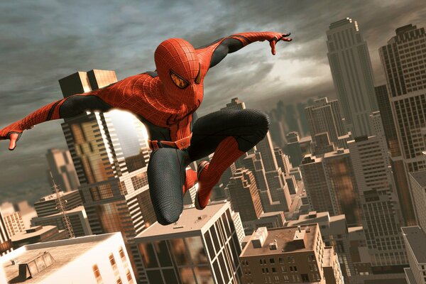 Spider-Man en vol au-dessus de la ville