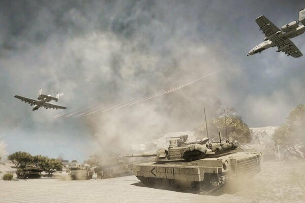 Bataille dans le désert avec des avions et des chars du jeu Bad company 2
