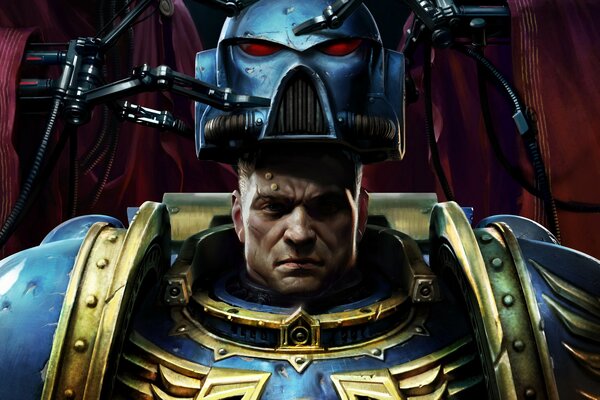 Un soldat déterminé Warhammer habille un casque de combat
