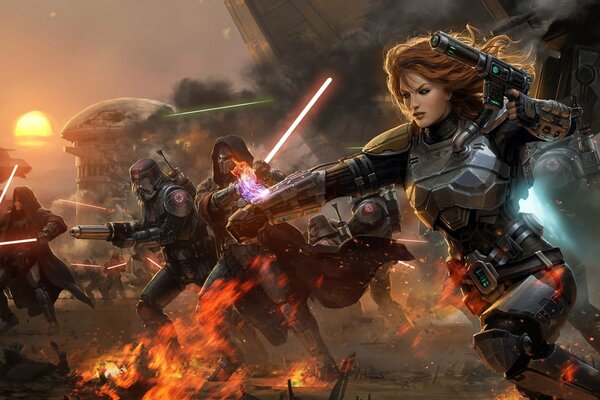 Guerriers stellaires avec des sabres laser lors d une attaque