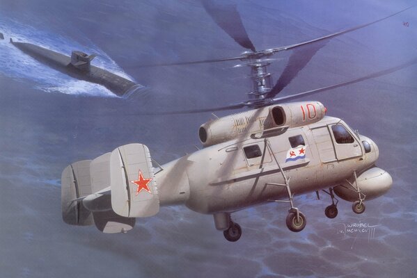 Un hélicoptère sous-marin soviétique survole un sous-marin