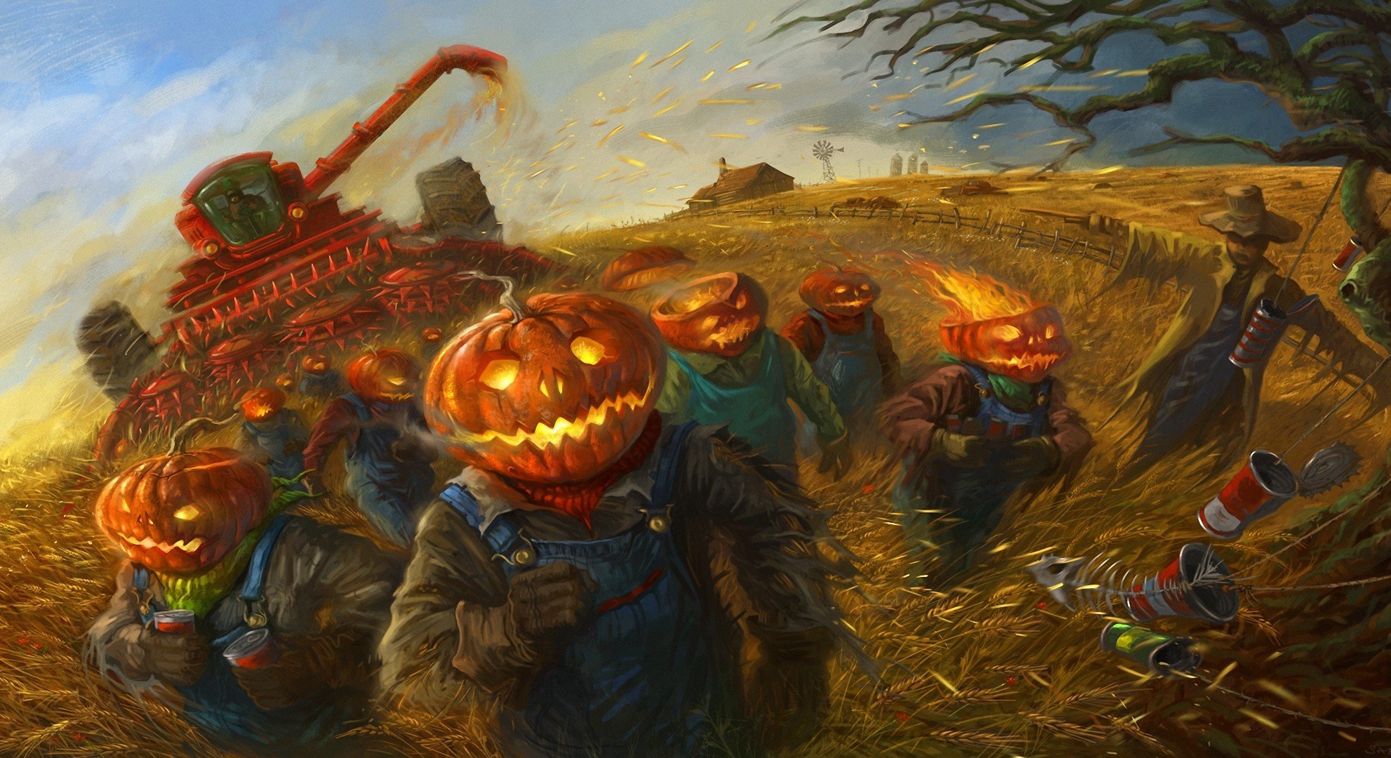 art halloween champ récolte citrouilles céréales travailleurs épouvantail moissonneuse-batteuse boîtes brigade blé