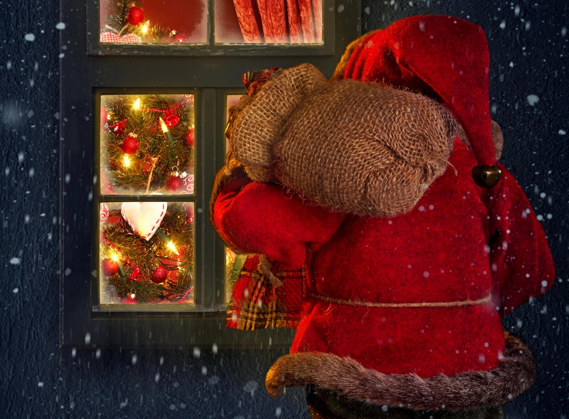 hiver vacances neige maison fenêtre joyeux noël père noël arbre de noël lumières hiver lumières vacances joyeux noël