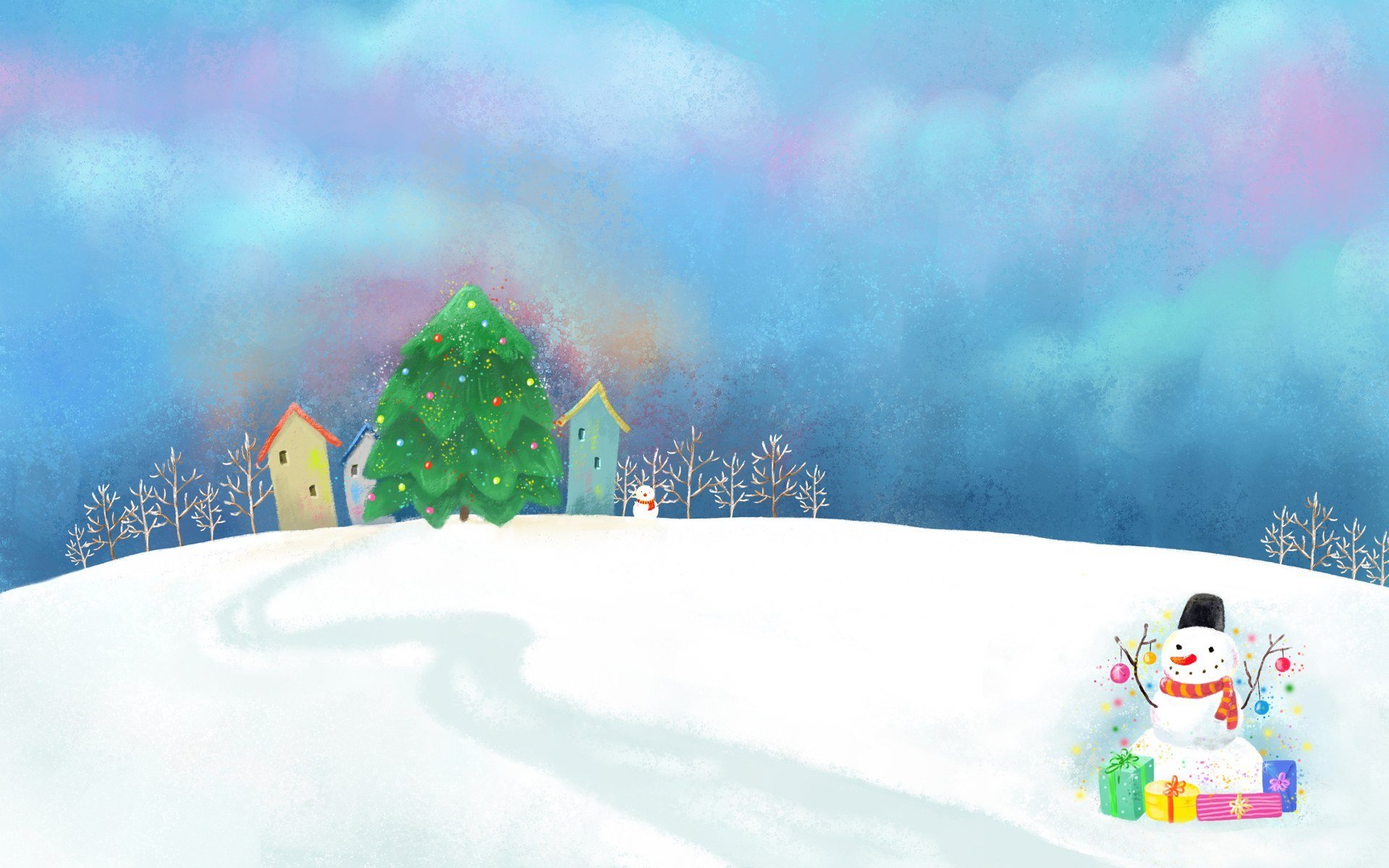 dessin bonhomme de neige cadeaux neige congères décoration maisons nuages sentier