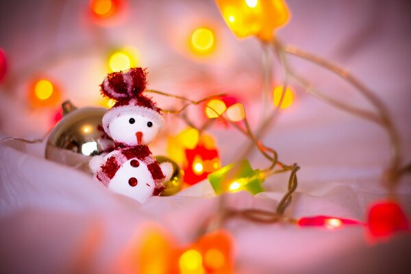 Bonhomme de neige jouet dans les lumières pour Noël