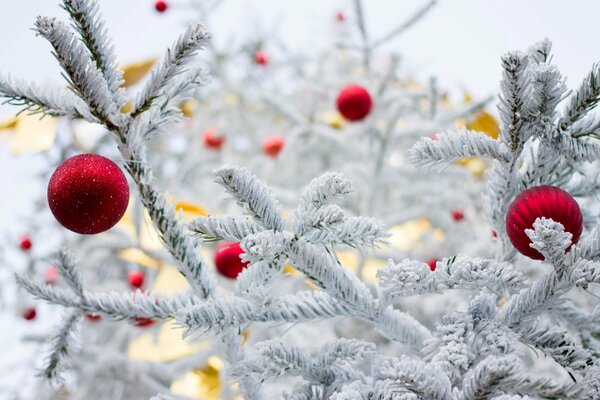 Boules de Noël rouges sur un arbre de Noël blanc comme neige