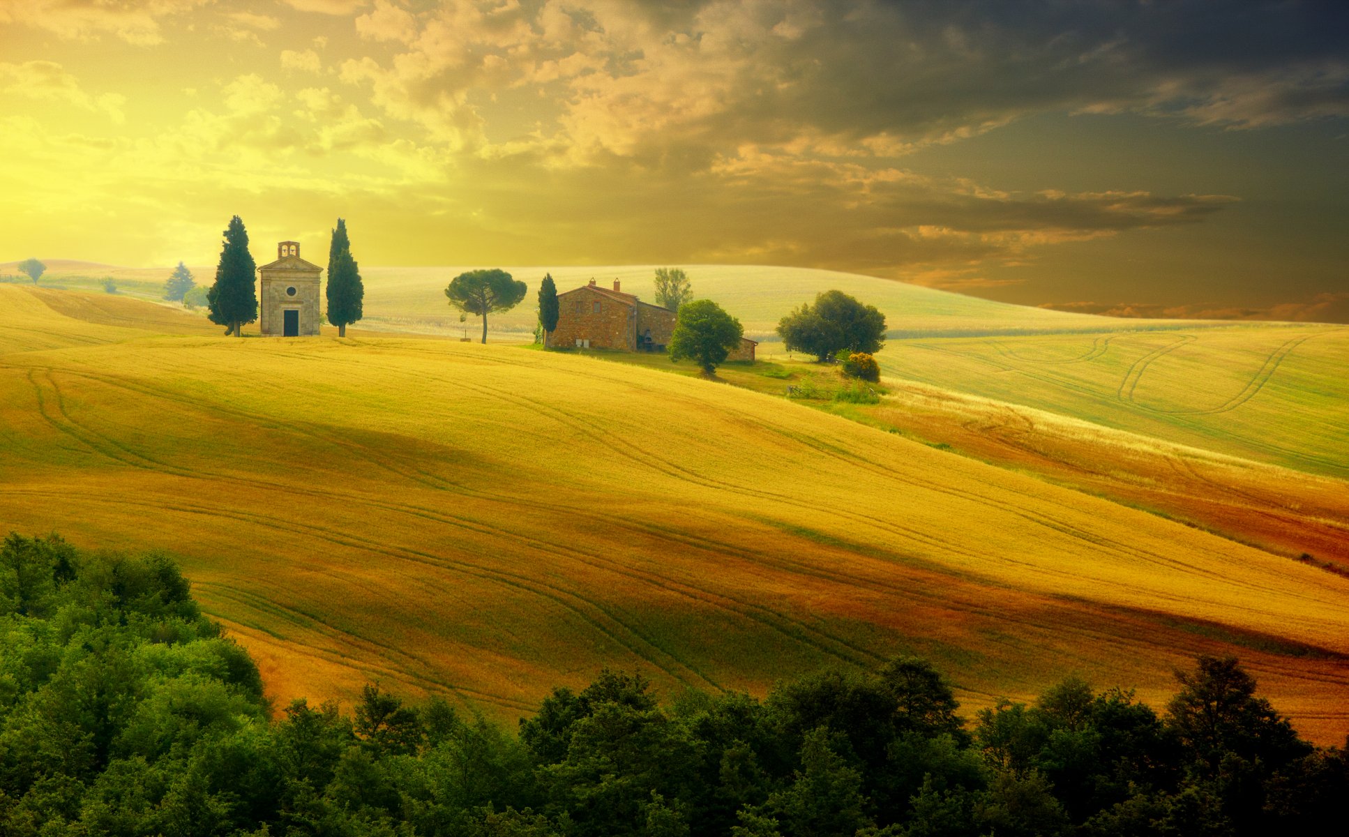 italie toscane coucher de soleil été campagne paysage nature arbres ciel beau champ été campagne beaux champs