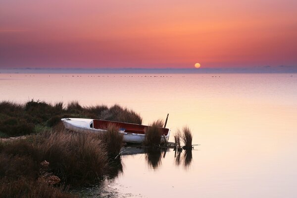 Bateau près du rivage au coucher du soleil